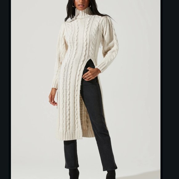 Astr Sweaters - Evangelica Cable Knit Turtleneck High Slit Sweater